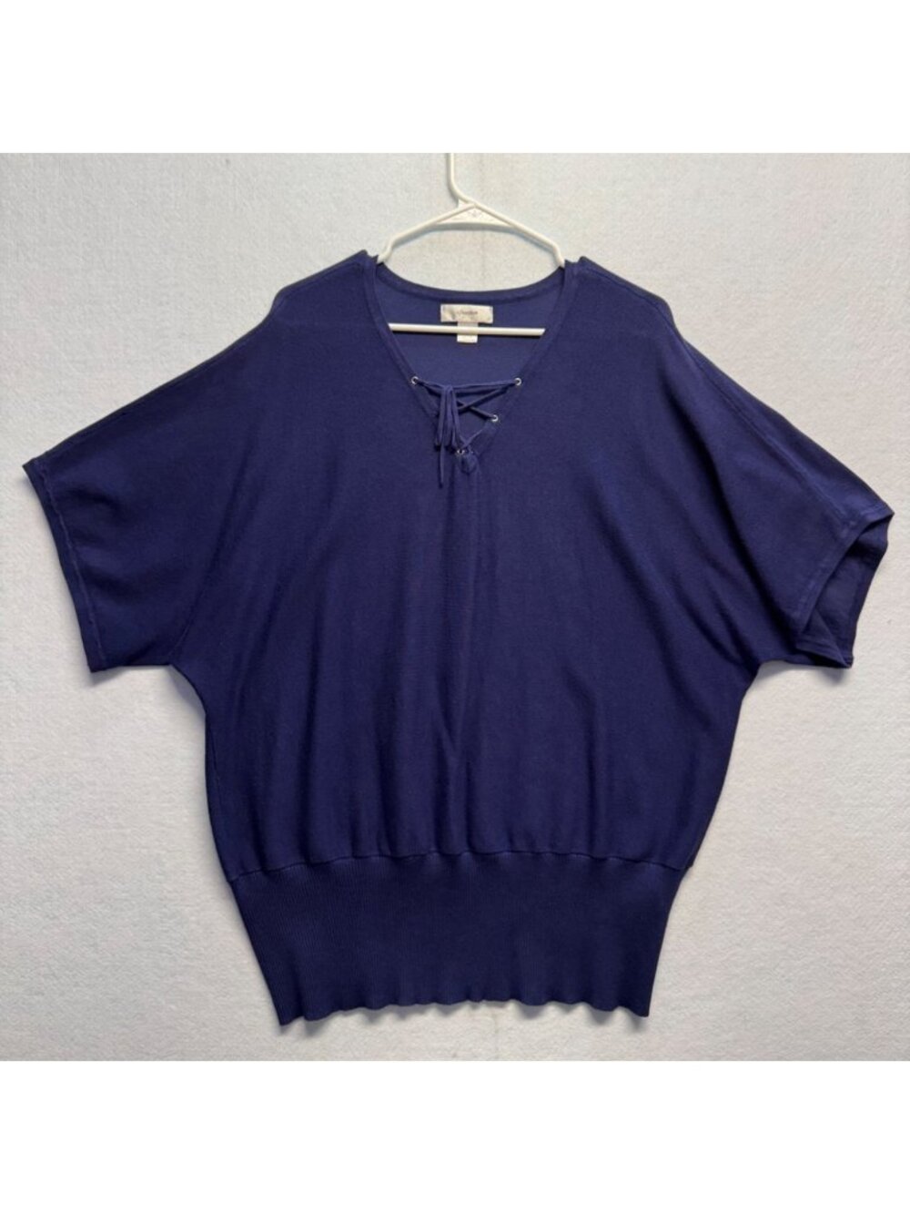 Cj Banks Womens Plus Size 3X Navy Blue Lace-Up V-Neck Short Sleeve Sweater Top